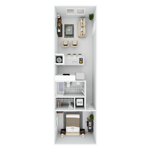 Floor plan for 1 bed, 1 bath, 683 sqft